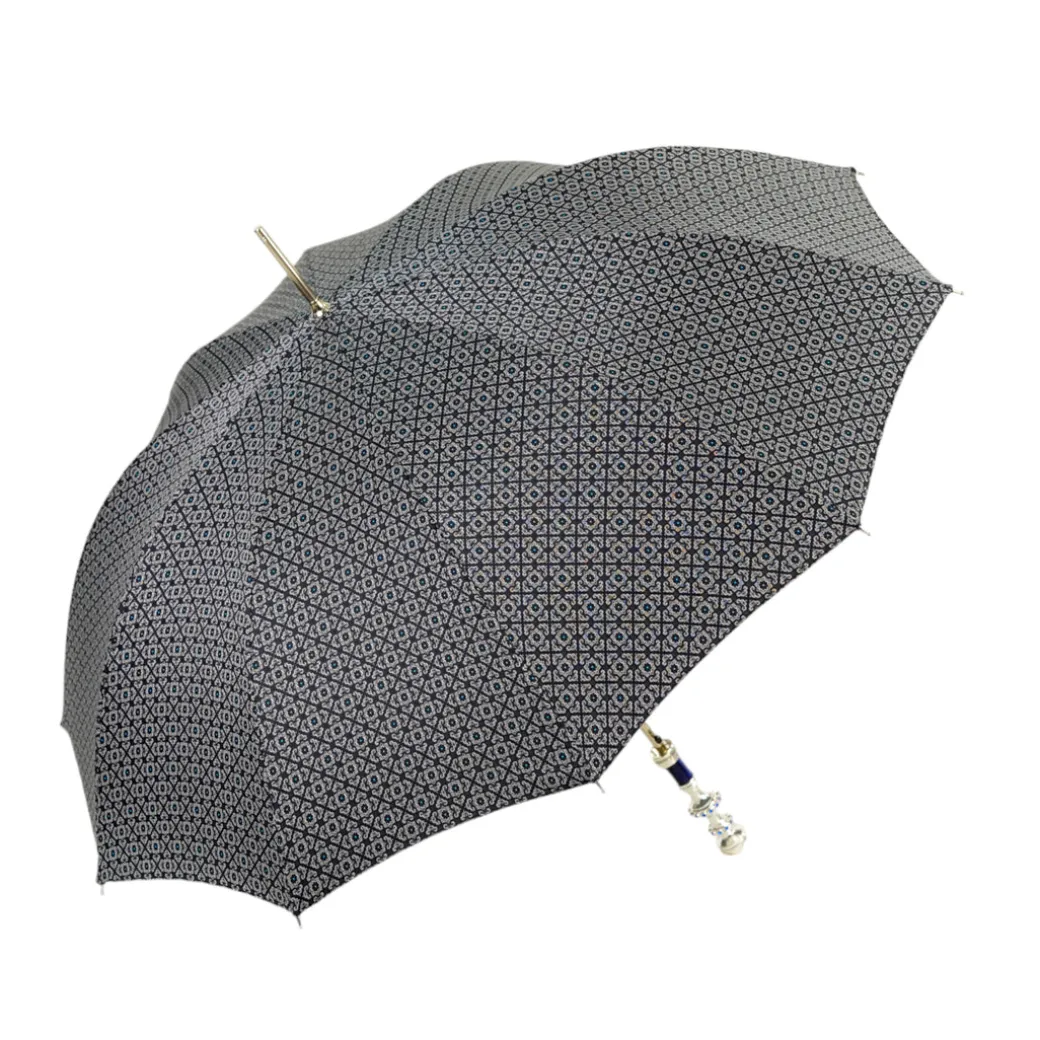 Stylish Grey & Blue Jacquard Umbrella - Silverplated handle