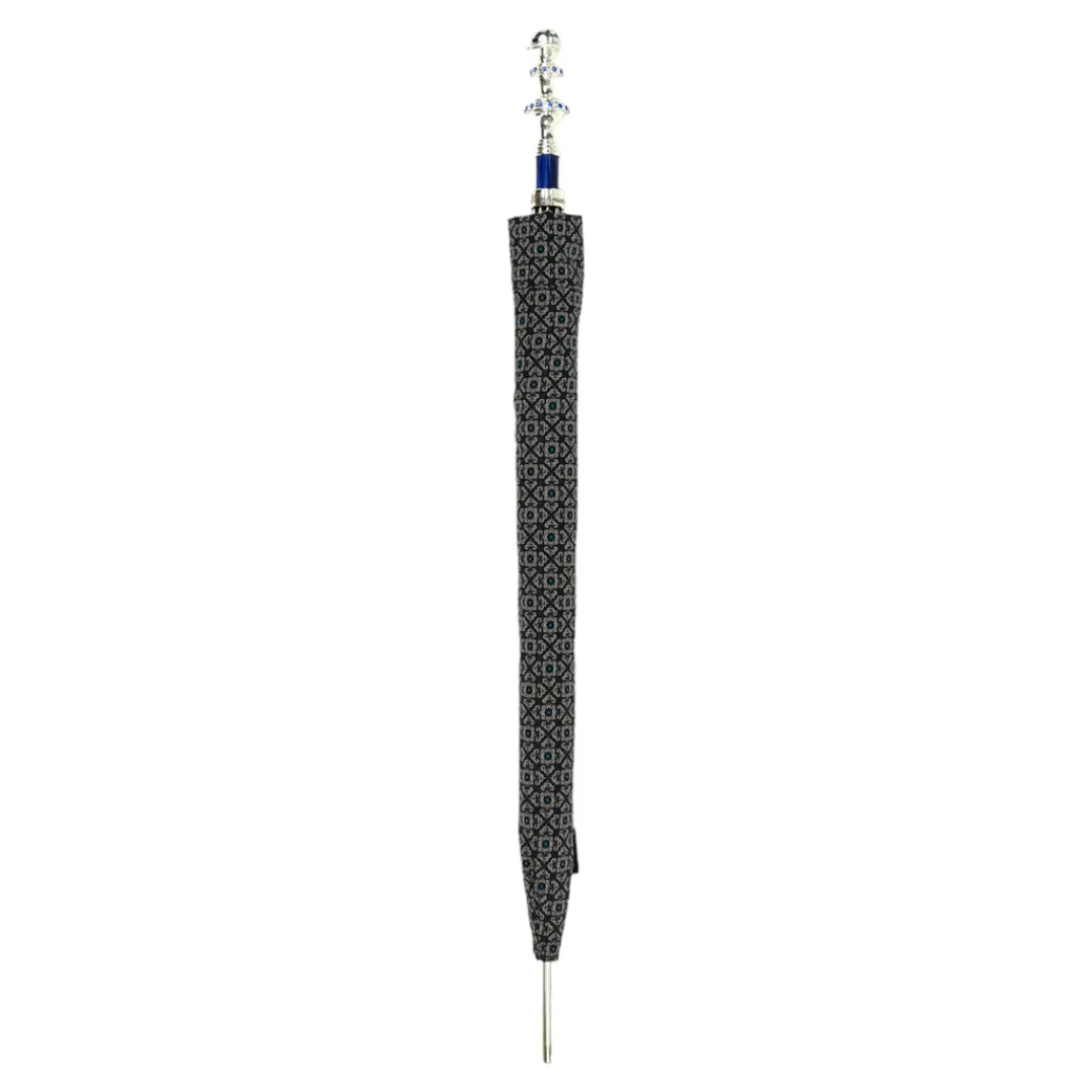 Stylish Grey & Blue Jacquard Umbrella - Silverplated handle