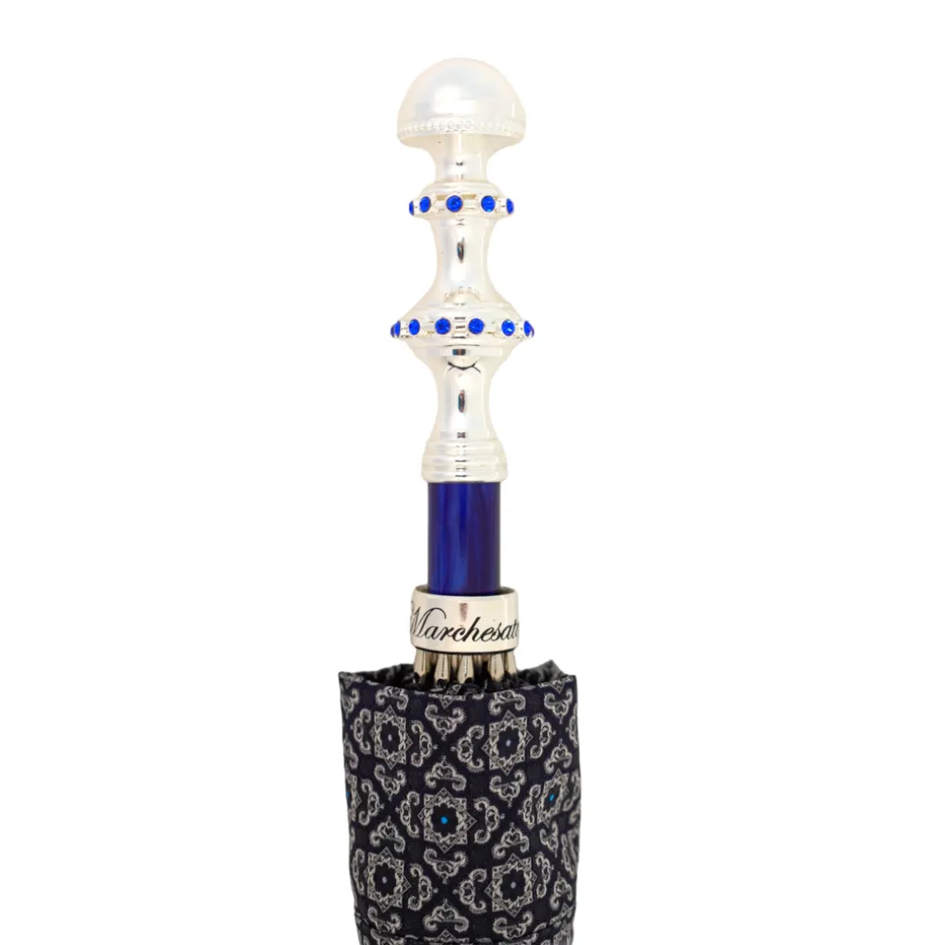 Stylish Grey & Blue Jacquard Umbrella - Silverplated handle