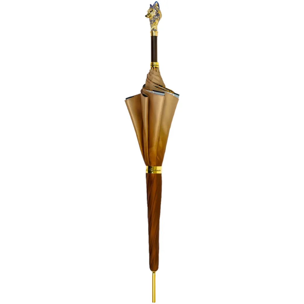 Umbrella with Hand-Painted Golden Wolf