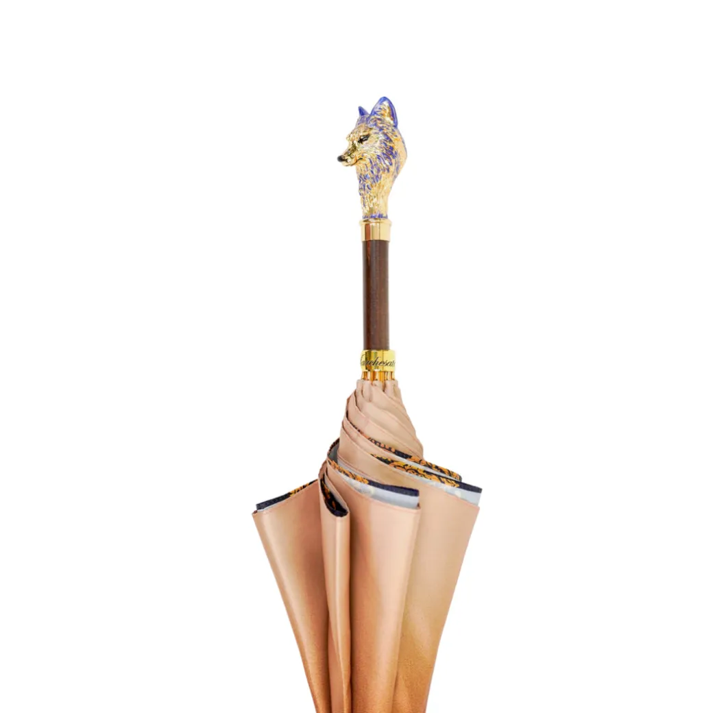 Umbrella with Hand-Painted Golden Wolf