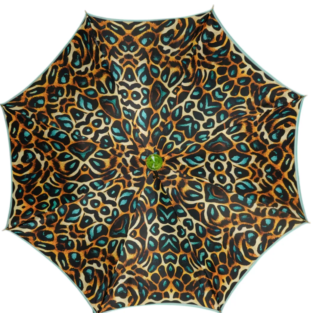 Wild Elegance: Teal Umbrella with Leopard Print and Green Crystal Hand