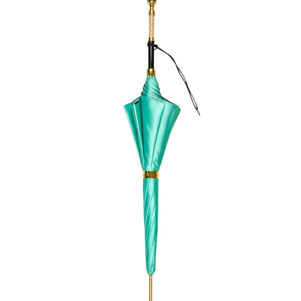 Wild Elegance: Teal Umbrella with Leopard Print and Green Crystal Hand